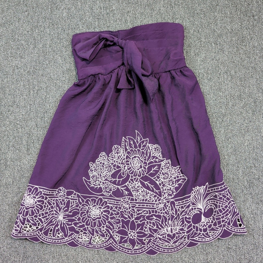Wildflowers Boutique Y2K Boho Strapless Mini Dress Purple Floral Eyelet Smocked